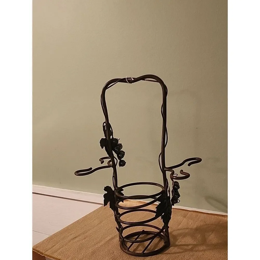 Wrought Iron Wine Bottle Holder with Leaf & Grape Accents - Brown